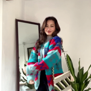 Multicolor Patterned Cardigan π§₯π β Bold Knit Layer in Blue, Red & Teal with Seasonal Styling