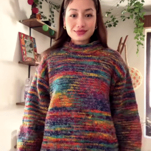 Handmade Multicolor Textured Knit Sweater ππ§Ά β Cozy Rainbow Layer Styled in Decor-Rich Setting