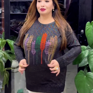 Feather-Embroidered Knit Sweaters 🪶🧥 – Black, Navy & Red Variants with Colorful Vertical Motifs