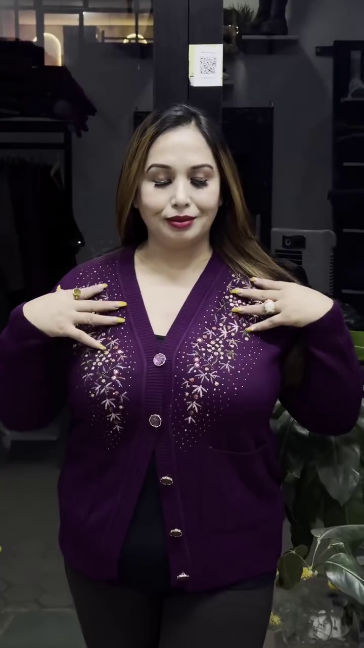 Floral V-Neck Knit Cardigans πΈπ§₯ β Purple, Black & Beige Variants with Button Closure & Boutique Styling - Image 2